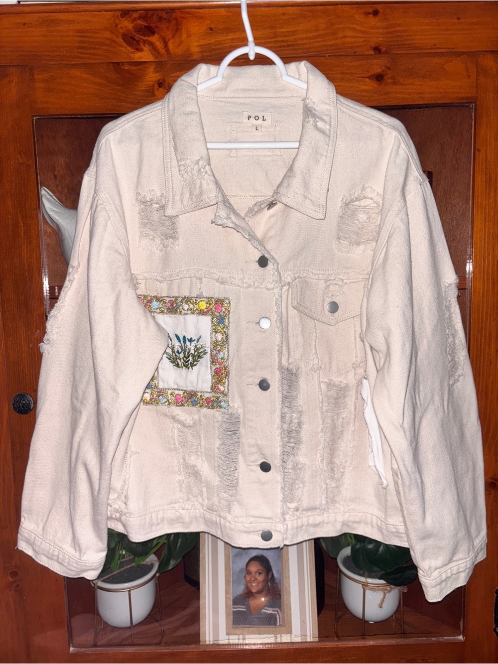 POL Cream large Distressed Denim Jacket with Floral Embroidered Patch